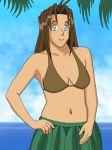 1girl ajd262 arms bare_arms bare_shoulders bikini bikini_top blue_eyes breasts brown_hair collarbone green_skirt hand_on_hip long_hair looking_at_viewer midriff milly_thompson navel ocean outdoors palm_tree sea skirt sky smile tree trigun water