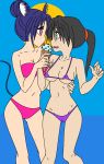  2girls animal_ears artist_request bikini black_hair blue_hair blush breasts bun cameltoe cat_ears cat_tail cleavage erect_nipples food green_eyes hair hand_on_another&#039;s_back heart holding holding_food ice_cream micro_bikini multiple_girls navel original pink_bikini ponytail purple_bikini purple_eyes standing sweat swimsuit tail tongue tongue_out water wavy_mouth wet yuri 