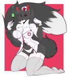  1girl anthro belly big_tail breasts cat clothing feline fur furry gloves grey_fur grin gummymonster hat headgear legwear looking_at_viewer mammal midriff navel needle nurse simple_background squint stockings underwear white_fur 