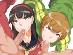 2boys 2girls amagi_yukiko artist_request black_hair brown_hair censored chie_satonaka cum cum_in_mouth erection fellatio female_focus hair hairband jacket looking_at_viewer mosaic_censoring multiple_boys multiple_girls oral penis persona persona_4 rolling_eyes satonaka_chie yukiko_amagi