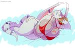 1girl 1girl 2016 anthro big_breasts bikini breasts burger clothing dieselbrain dragon eating food furry huge_breasts nipple_bulge slightly_chubby swimsuit