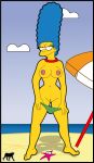 beach beach_umbrella bikini_bottom_down breasts luberne marge_simpson ocean solo starfish the_simpsons topless tropicoboy