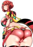  1girl ass big_breasts blush breasts butt_crack curvy female female_only fingerless_gloves from_behind gloves hair_ornaments leaning_forward looking_at_viewer looking_back nintendo pyra red_eyes red_hair short_hair short_shorts shorts sideboob simple_background smile solo thick_thighs thighhighs thighs useless_armor useless_clothes useless_clothing white_background xenoblade xenoblade_(series) xenoblade_chronicles_2 