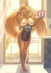  1girl anthro apron big_breasts breasts cake canine clothing food fox furry half-closed_eyes indoor looking_at_viewer mammal mostly_nude seductive standing tart wide_hips woadedfox 