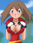 bandanna bike_shorts blue_eyes brown_hair cleavage creatures_(company) game_freak haruka_(pokemon) huge_breasts humans_of_pokemon m.-bascom may_(pokemon) nintendo pokemon pokemon_(anime) pokemon_diamond_pearl_&_platinum pokemon_dppt short_hair