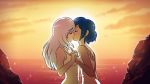 2girls art blue_hair closed_eyes hair kissing long_hair multiple_girls mutual_yuri short_hair silver_hair sunset twilight yuri