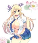 1girl big_breasts blonde_hair blue_eyes blush breasts curvy erection flower futanari hair huge_breasts intersex katsuragi_(senran_kagura) long_hair looking_at_viewer miniskirt navel necktie no_panties open_clothes open_shirt penis pussy rebis senran_kagura senran_kagura_(series) shirt simple_background skirt skirt_lift smile solo sweat thighs watermark wide_hips