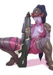 1girl blue_skin boots breasts jumpsuit nipples overwatch ponytail ranged_weapon spread_legs teeth widowmaker