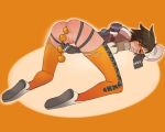 1girl anal anal_beads brown_hair flag hair insertion jumpsuit overwatch pussy solo spandex torn_clothes tracer_(overwatch)