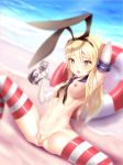 anchor_hair_ornament astdevir blonde blonde_hair breasts elbow_gloves gloves hair_ornament hairband high_resolution highres kantai_collection lifebuoy long_hair nipples pussy sailor_collar shimakaze_(kantai_collection) solo spread_legs stockings striped striped_legwear thighhighs uncensored