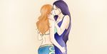 2girls arm arms art babe back bare_arms bare_back bare_shoulders bikini bikini_top black_hair blue_dress breasts closed_eyes collarbone dress friends green_bikini hair hugging kissing long_hair love midriff multiple_girls mutual_yuri nami neck nico_robin one_piece orange_hair pirate standing stephanyhardy stephanyhardy_(artist) yuri