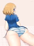 1girl ass blonde_hair blue_eyes blush cosplay cross-dressing crossdressing from_behind huge_ass looking_back lying nintendo no_pants on_stomach panties pokemon pokemon_(anime) pokemon_xy ron ron_(artist) serena serena_(pokemon) shiny shiny_clothes shiny_hair shiny_skin short_hair solo striped striped_panties underwear wavy_mouth