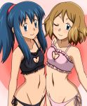 2girls ;) alluring alternate_costume alternate_hairstyle arm arms art babe bare_arms bare_shoulders bikini black_bra black_panties blue_eyes blue_hair blush bra breasts brown_hair cat_lingerie cleavage cleavage_cutout collarbone dawn frilled_bra frills groin hair heart heart_cutout hikari_(pokemon) kuro_hopper light_brown_hair lingerie long_hair looking_at_viewer midriff multiple_girls navel neck nintendo one_eye_closed panties pink_bra pink_panties pokemon pokemon_(anime) pokemon_diamond_and_pearl pokemon_dppt pokemon_xy ponytail serena serena_(pokemon) short_hair side-tie_panties sidelocks small_breasts smile underwear underwear_only wink