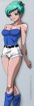  1girl aqua_hair arm arm_behind_back arms art babe bare_arms bare_legs bare_shoulders belt blue_eyes blue_socks breasts bulma bulma_brief cleavage collarbone dragon_ball dragon_ball_z earrings jewelry legs neck salvamakoto salvamakoto_(artist) short_hair short_shorts shorts smile socks standing strapless tubetop white_shorts 