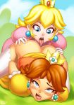 2_girls 2girls ahegao ass blonde_hair blue_eyes brown_hair crown dress female female_only gloves hair long_hair multiple_girls nintendo orgasm princess_daisy princess_peach pussylicking r_ex rolling_eyes sex short_hair super_mario_bros. super_mario_land tongue tongue_out yuri