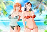 2girls arm arm_hug arms art babe bare_arms bare_legs bare_shoulders beach big_breasts bikini black_bikini black_hair black_swimsuit blue_eyes bracelet breasts brown_eyes camisole cleavage cloud earrings friends hair happy high_res hoop_earrings hugging jewelry legs lips long_hair looking_at_another looking_to_the_side midriff multiple_girls mutual_yuri nami navel neck necklace nico_robin ocean one_piece open_mouth orange_hair outside palm_tree pirate red_bikini red_swimsuit reito-sama reito-sama_(artist) round_teeth sea see-through sky smile standing strapless strapless_bikini strapless_swimsuit sunglasses sunglasses_on_head swimsuit teeth tree water yuri