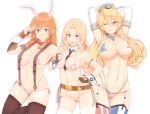 3_girls 3girls ;q alternate_costume alternative_costume american_flag_bikini animal_ears archway_of_venus arm_strap armband arms_behind_head arms_up bangs belt belt_pouch between_breasts big_breasts bikini black_legwear black_necktie blonde blonde_hair blue_eyes blush breasts brown_gloves bunny_ears cameltoe charlotte_e_yeager cleavage closed_mouth collar cowboy_shot cross-laced_legwear crossover detached_collar erect_nipples erect_nipples_under_clothes eyebrows eyebrows_visible_through_hair eyelashes fingerless_gloves flag_print garter_straps girls_und_panzer gloves gluteal_fold groin hair_between_eyes hand_on_hip headgear iowa_(kantai_collection) kantai_collection kay_(girls_und_panzer) large_breasts lock long_hair looking_at_viewer lowleg lowleg_bikini micro_bikini mismatched_legwear multi-strapped_bikini multiple_crossover multiple_girls navel necktie necktie_between_breasts one_eye_closed orange_eyes orange_hair osterei padlock parted_bangs pointing pointing_at_viewer salute side-tie_bikini smile star star-shaped_pupils star_print stockings stomach strap_gap strike_witches string_bikini striped striped_legwear suspenders swimsuit symbol-shaped_pupils text thigh_gap thighhighs toned tongue tongue_out trait_connection vertical-striped_legwear vertical_stripes weapon white_gloves white_legwear wrist_cuffs