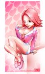  ace_attorney april_may big_breasts breasts brown_eyes cleavage pink_hair shouchiku_umeyo wink zaphrozz 