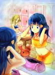 2girls bikini blue_eyes blue_hair buneary dawn female frilled_bikini frills hair hand_in_hair hikari_(pokemon) human indoors light_brown_hair locker locker_room long_hair mirror multiple_girls navel pokemon pokemon_diamond_and_pearl pokemon_xy pony ponytail serena serena_(pokemon) smile standing swimsuit yellow_bikini zin_(mame_denkyu)