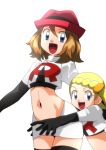 2girls belly blonde_hair blue_eyes bonnie brown_hair cosplay eureka_(pokemon) hainchu hair looking_at_viewer midriff multiple_girls navel nintendo pokemon pokemon_xy serena smile team_rocket team_rocket_(cosplay)