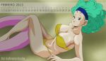 1girl :o afro aqua_hair arm arm_support arms art babe bare_arms bare_legs bare_shoulders bikini blue_eyes breasts bulma bulma_(afro) bulma_brief bulma_briefs calendar cleavage collarbone dragon_ball dragon_ball_z earrings hairband half-closed_eyes innertube jewelry legs looking_at_viewer midriff neck open_mouth salvamakoto salvamakoto_(artist) short_hair strapless strapless_bikini strapless_swimsuit swimsuit tubetop yellow_bikini yellow_swimsuit