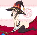  arched_back bandage bandaged_leg bandages belt between_legs black_legwear blush breasts brown_hair hat high_resolution highres kneeling kono_subarashii_sekai_ni_shukufuku_wo! megumin mugen_panda nude open_mouth red_eyes short_hair small_breasts solo staff stockings thighhighs tsushima_aki witch_hat 