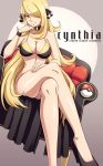 1girl alluring big_breasts bikini bikini_top blonde blonde_hair bottomless bra breasts chair character_name choker creatures_(company) crossed_legs_(sitting) cynthia cynthia_(pokemon) female female_human female_only game_freak hair_ornament hair_over_one_eye high_heels high_res human legs_crossed long_blonde_hair long_hair naked_from_the_waist_down nintendo no_panties no_socks pokemon pokemon_(game) pokemon_dppt scott_bennett shirona shirona_(pokemon) sitting smile solo swimsuit very_long_hair vivivoovoo wristband yellow_eyes