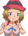 big_breasts blush breasts cum half-closed_eyes hat no_bra paizuri paizuri_under_clothes pokemon pokemon_(anime) pokemon_xy precum see-through serena serena_(pokemon) short_hair tongue tongue_out tumblr white_background