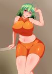  1girl absurdres benedicta_(yamamaya4) bike_shorts blush breasts female green_hair high_resolution highres huge_breasts kazami_yuuka plump red_eyes shiny shiny_skin solo spats touhou very_high_resolution youkai 