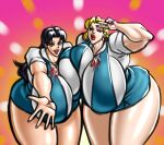  2_girls black_hair blonde_hair gigantic_ass gigantic_breasts hourglass_figure misato_katsuragi negoto_(nego6) neon_genesis_evangelion ritsuko_akagi school_uniform voluptuous 