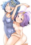 2_girls 2girls acerola acerola_(pokemon) blue_eyes blue_hair blue_swimsuit blush breast_grab cfnf clothed_female_nude_female embarrassed fingering lana looking_at_viewer multiple_girls nude on_knees one-piece_swimsuit one_eye_closed pokemon pokemon_sm porkyman purple_eyes purple_hair short_hair small_breasts smile suiren_(pokemon) swimsuit wavy_mouth yuri