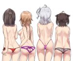  1girl 4girls ahoge akizuki_(kantai_collection) ass back black_hair black_panties black_underwear braid breasts brown_hair dimples_of_venus facing_away from_behind hair_flaps hair_ornament hatsuzuki_(kantai_collection) high_resolution highleg highleg_panties kantai_collection kiritto lace lace_panties large_filesize long_hair medium_breasts multiple_girls one_side_up panties ponytail posterior_cleavage propeller_hair_ornament purple_panties red_panties short_hair shoulder_blades side-tie_panties sideboob silver_hair simple_background suzutsuki_(kantai_collection) teruzuki_(kantai_collection) thigh_gap thong tied_hair topless twin_braids underwear very_high_resolution white_background 