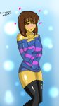 1girl artist_name big_breasts black_legwear black_stockings black_thighhighs blue_background breasts female female_frisk female_human female_only frisk frisk_(undertale) heart heart-shaped_pupils heart_eyes hearts human human_only scrambles-sama simple_background solo_female solo_human stockings undertale undertale_(series)