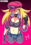  1_girl artist_name black_gloves breasts cleavage earrings female female_only fusion gloves gradient gradient_background green_eyes hair_over_one_eye hat headgear jewelry large_breasts lips looking_at_viewer mega_man mega_man_legends midriff navel pantyhose pink_background red_background rockman rockman_dash rog_rockbe roll_caskett short_shorts shorts solo strapless suspenders text translated tron_bonne tubetop 