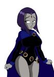 1girl big_breasts biting_lip breasts clothed dc dc_comics grey_skin hair horny lip_biting non-nude purple_hair raven_(dc) short_hair teen_titans thighs