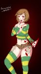 artist_name big_breasts blood blood_splatter blood_stain breasts chara chara_(undertale) cleavage knife scrambles-sama undertale undertale_(series) weapon