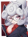  1girl 1girl 1girl black_gloves breasts demon_girl female_only female_solo gloves helltaker high_resolution horns looking_at_viewer medium_hair megane nipples pandemonica_(helltaker) pocopocomeron ponytail red_eyes red_shirt shirt tied_hair white_hair 