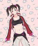  1girl black_eyes black_sports_bra cropped_jacket fingerless_gloves gloves high_res horyollo jacket ling_xiaoyu midriff namco navel open_clothes panties pants pink_background purple_panties red_jacket side_ponytail sports_bra stomach tekken tekken_3 tekken_4 tekken_5_dark_resurrection tekken_6_bloodline_rebellion tekken_7 tekken_8 tekken_blood_vengeance tekken_bloodline tekken_tag_tournament tekken_tag_tournament_2 twin_tails underwear upper_body white_pants 