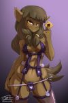  1girl anthro bottomless breasts brown_eyes brown_hair condom ecaflip epictones feline furry garter_straps holding_condom long_hair looking_at_viewer miranda_(wakfu) panties panty_pull smile stockings tagme tail tongue underwear wakfu 