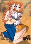  2_female_humans 2_females 2_girls 2_humans artemisumi ass big_ass big_breasts bikini_top breasts clothed duo eyebrows eyelashes female female/female female_human hair human human/human human_only kneeling long_hair looking_at_viewer looking_back multiple_girls nami one_piece orange_hair outside panties selfcest short_hair skirt upskirt white_panties 