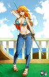  1girl big_breasts bikini_top breasts clima-tact female female_only jadenkaiba jeans long_hair midriff nami one_piece orange_hair sandals smile solo_female 