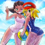  2girls ass ball beachball big_ass big_breasts blonde_hair breasts brown_hair capcom earrings green_eyes grin hat jewelry mega_man mega_man_legends multiple_girls one-piece_swimsuit rockman rockman_dash roll_caskett short_hair smile swimsuit tan tron_bonne v wet wink 