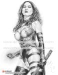  1girl armando_huerta betsy_braddock big_breasts breasts celeb cleavage elbow_gloves elizabeth_braddock gauntlets gloves greyscale katana legwear lips long_hair marvel marvel_comics monochrome nipples olivia_munn psylocke pussy sword weapon x-men x-men:_apocalypse 