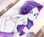 1girl ass blue_eyes blush bra charliexe equestria_girls female female_only friendship_is_magic indoors long_hair long_purple_hair looking_at_viewer mostly_nude my_little_pony panties purple_hair rarity rarity_(mlp) removing_skirt skirt skirt_around_legs solo standing