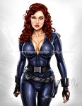 1girl actress armando_huerta avengers belt big_breasts black_widow blue_eyes bodysuit breasts celeb cleavage covered_breasts erect_nipples erect_nipples_under_clothes eyelashes female_only fingerless_gloves gloves gun high_resolution legs light-skinned lips long_hair marvel marvel_comics nail_polish natasha_romanoff red_hair scarlett_johansson thighs unzipped weapon