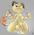  1girl 2016 anthro big_testicles cat feline flaccid fur furry grin ikiki looking_at_viewer male mammal meowth navel nintendo nude penis pokemon sharp_teeth simple_background teeth testicles uncut video_games wide_hips 