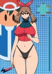 big_breasts blue_eyes bodysuit breasts brown_hair choker hair_ornament hair_ribbon hairband haruka_(pokemon) haruka_(pokemon)_(remake) highleg highleg_buruma highleg_panties hips large_breasts legs long_legs may mega_stone navel panties pokemon pokemon_oras satoshi_(pokemon) shiny_cloths shiny_hair shiny_skin skin_tight sleeveless sleeveless_shirt spandex thong vector_trace wslasher