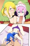  3girls 69 bikini blonde_hair blue_hair blush breasts fairy_tail fellatio hair juvia_lockser juvia_loxar lucy_heartfilia maid multiple_boys multiple_girls open_mouth oral pink_hair saliva teamwork uncensored virgo virgo_(fairy_tail) 