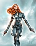 1girl 1girl 1girl actress armando_huerta avengers belt big_breasts black_widow bodysuit breasts celeb cleavage female_only fingerless_gloves gloves gun legs long_hair marvel marvel_comics natasha_romanoff red_hair scarlett_johansson thighs unzipped weapon