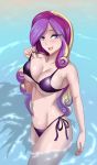 1girl bikini female female_only friendship_is_magic humanized long_hair looking_at_viewer mostly_nude my_little_pony princess_cadance side-tie_bikini_bottom solo standing standing_in_water swimsuit three-tone_hair